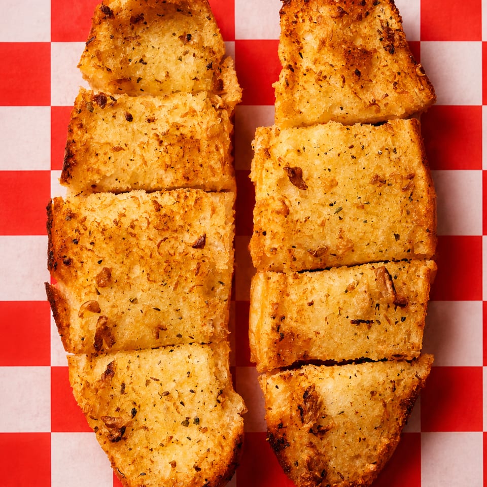 Toasted garlic bread slices with herbs and garlic bits on red and white checkered paper.